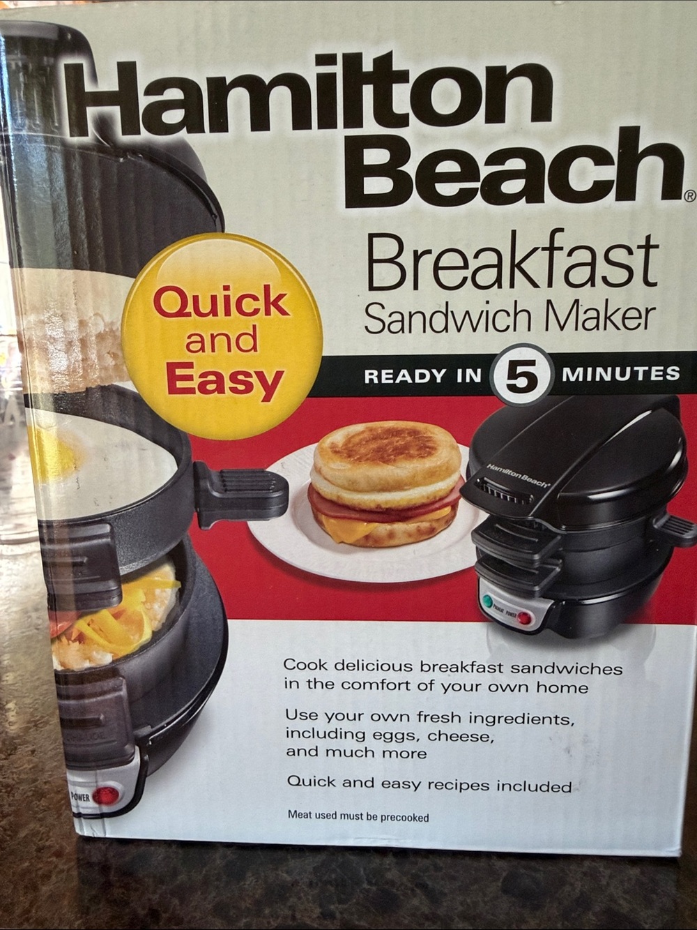 Hamilton Beach Black Breakfast Sandwich Maker with Red and Yellow Accents